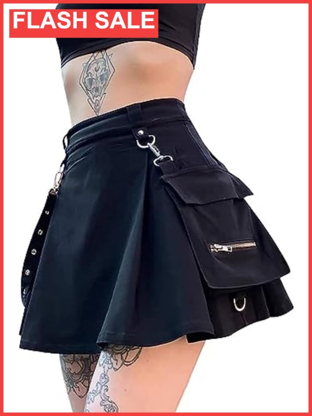 Pleated Mini Skirt with Chain High Waisted A-Line Goth